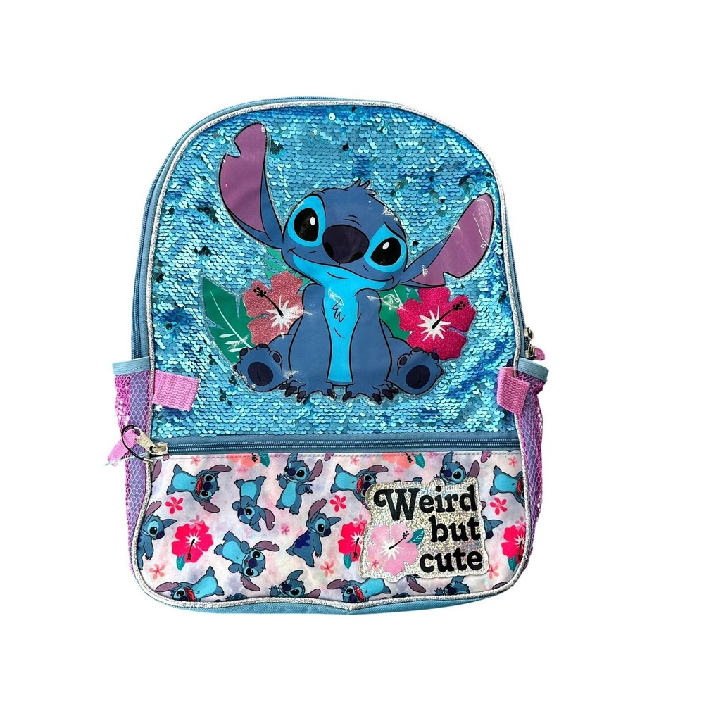 Used Disney Stitch Backpack Medium Blue Sequin Weird But Cute‎ Tropical Bag